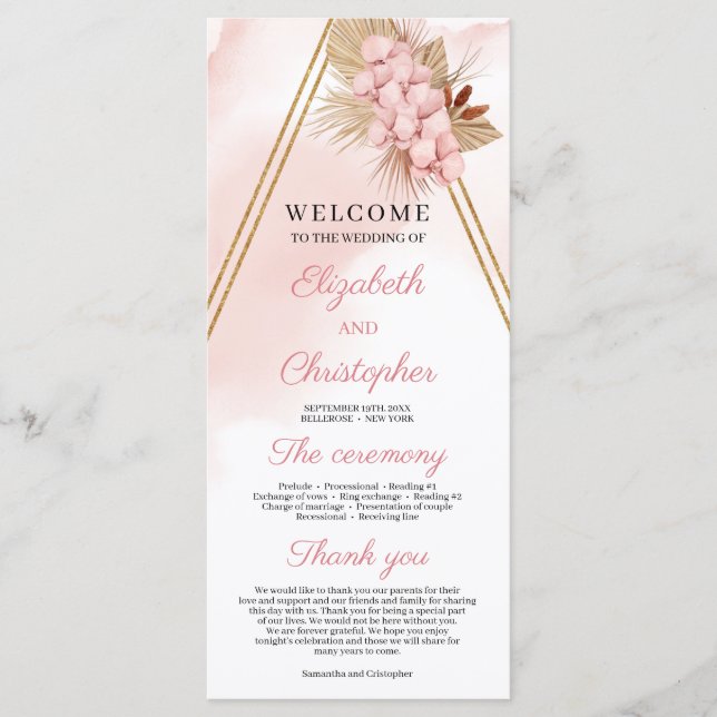 Trendy Blush Pink Orchid Dried Palm Gold Arch Program (Front)