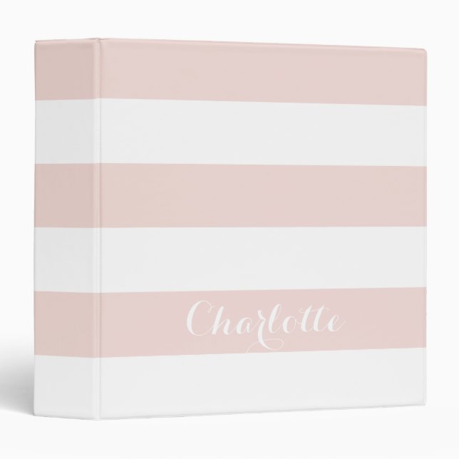 Trendy blush pink white stripes custom script name binder (Front/Spine)
