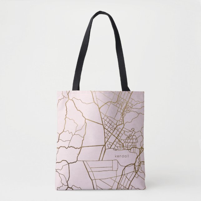 Trendy Blush Pink with Gold Map and Name Tote Bag (Front)