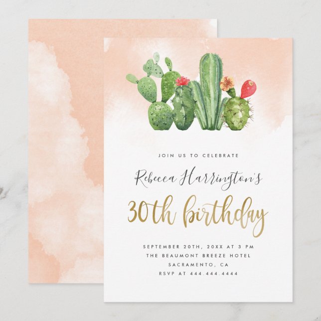 Trendy Blush Watercolor & Cactus 30th Birthday Invitation (Front/Back)