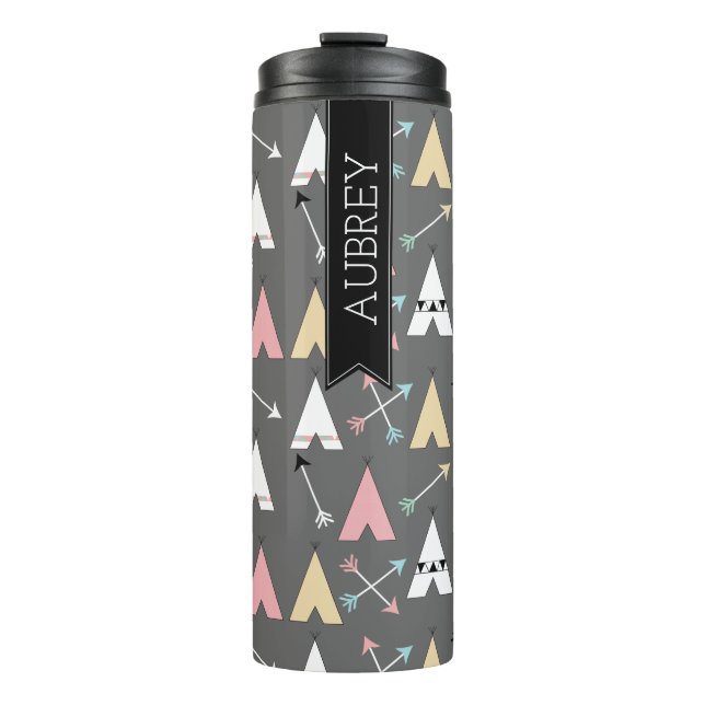 Trendy Bohemian Teepees & Arrows Personalized Thermal Tumbler (Front)