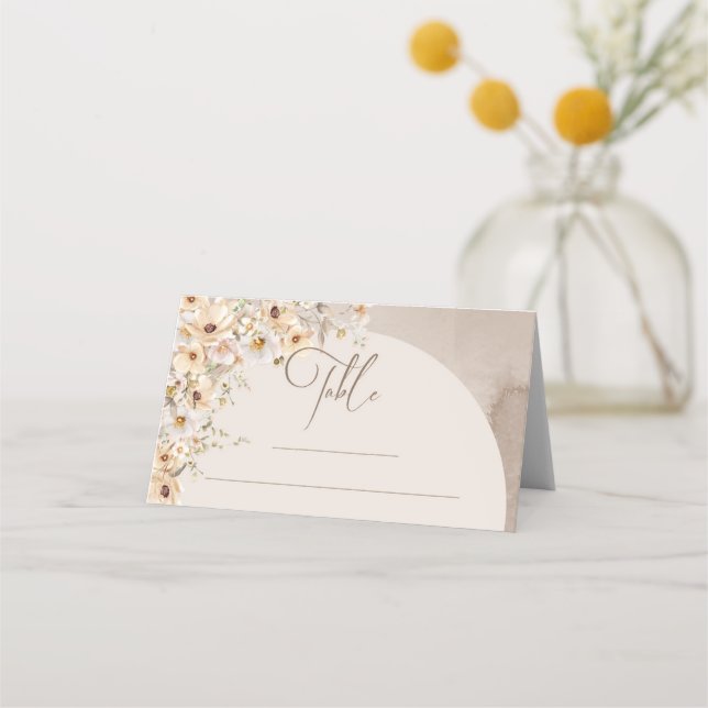 Trendy boho arch neutral ivory white wildflowers  place card (Front)