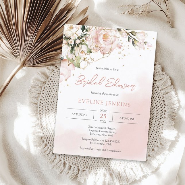Trendy Boho blush pink and gold flowers eucalyptus Invitation (Trendy Boho blush pink and gold flowers eucalyptus Invitation)
