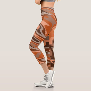 Trendy boho brown orange Abstract wavy Capri Leggings