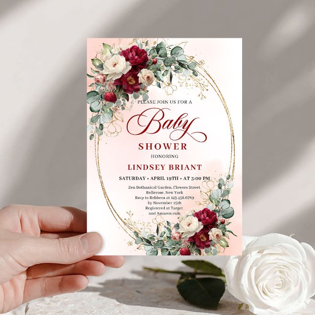 Trendy Boho Burgundy Peony Baby Shower Invitation (Trendy Boho Burgundy Peony Baby Shower Invitation)
