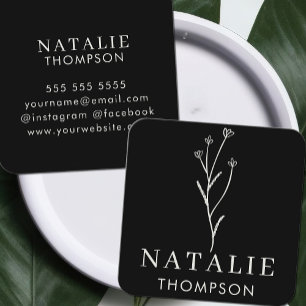 Trendy Boho Chic Minimalist Black And White Flower Square Business Card