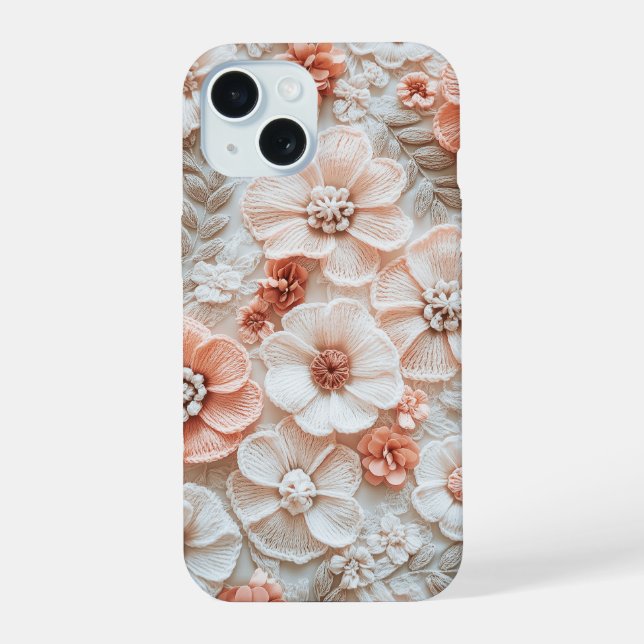 Trendy Boho Crochet Pastel Flowers Pattern iPhone 15 Case (Back)