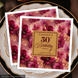 Trendy Boho Dark Red Blush Gold 50th Birthday  Napkin