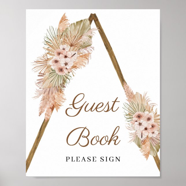 Trendy Boho Dried Palm Pampas Grass Guest Book (Front)