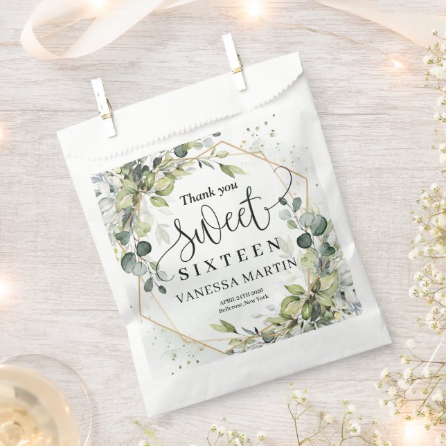 Trendy boho eucalyptus greenery gold sweet sixteen favour bag (Clipped)