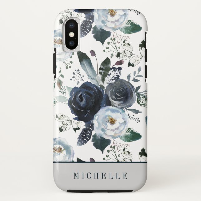 Trendy Boho Feathers and Blue flowers monogram Case-Mate iPhone Case (Back)