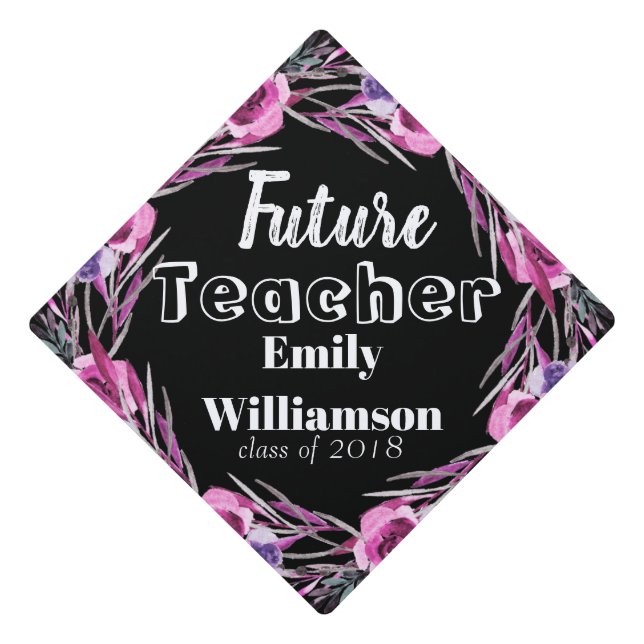 Trendy Boho Floral on Black | Your Future Job Graduation Cap Topper (Front)