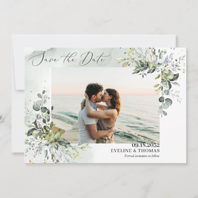 Trendy boho greenery foliage eucalyptus leaves save the date (Front)