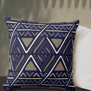Trendy Boho Mud Cloth Pattern Navy Blue Throw Pillow