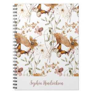 Trendy Boho Neutral Autumn Wildflowers on White Notebook