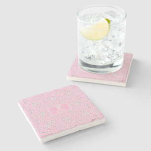 Trendy Boho Pink Monogram Floral Stone Coaster