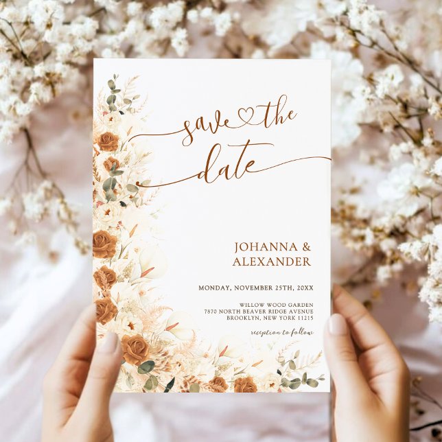 Trendy Boho Terracotta Floral QR Code Wedding Save The Date (Creator Uploaded)