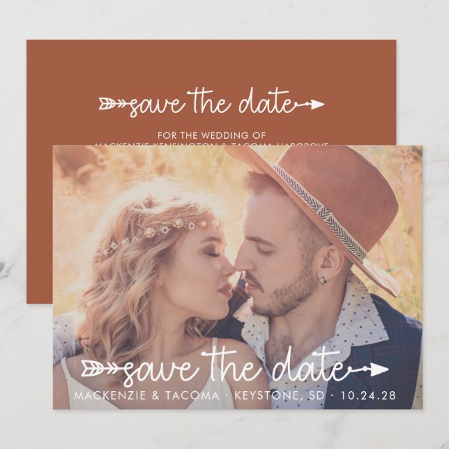 Trendy Boho Tribal Typography Photo Save the Date (Front/Back)