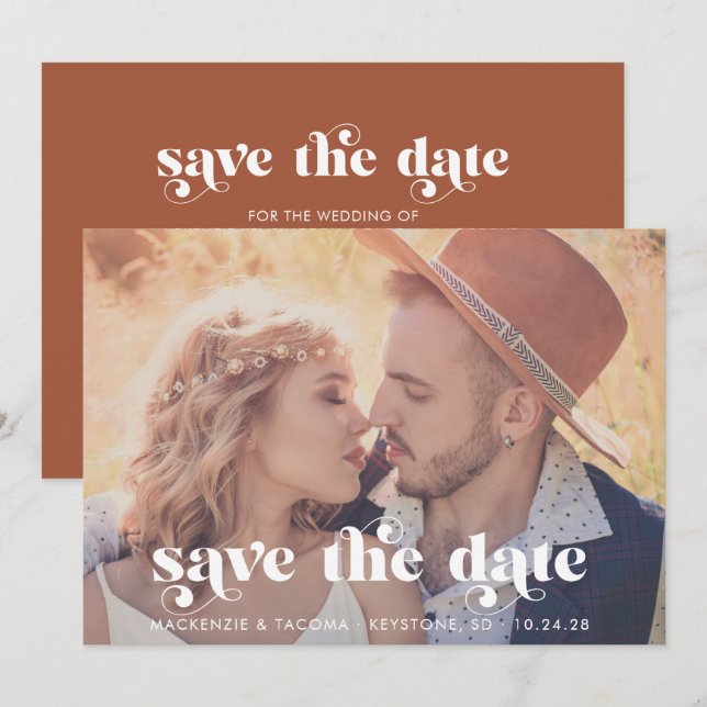 Trendy Boho Typography Photo Save the Date (Front/Back)