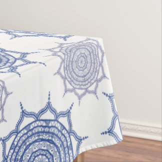 Trendy Boho Winter Blue, White Mandala Pattern Zen Tablecloth
