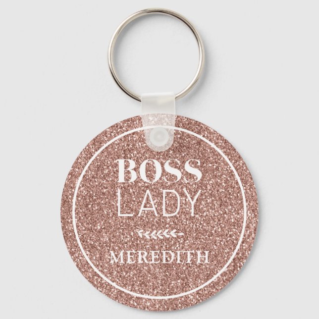 Trendy Boss Lady Rose Gold Glitter Personalized Keychain (Front)