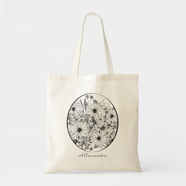 Trendy botanical art of black and white flowers tote bag (Front)