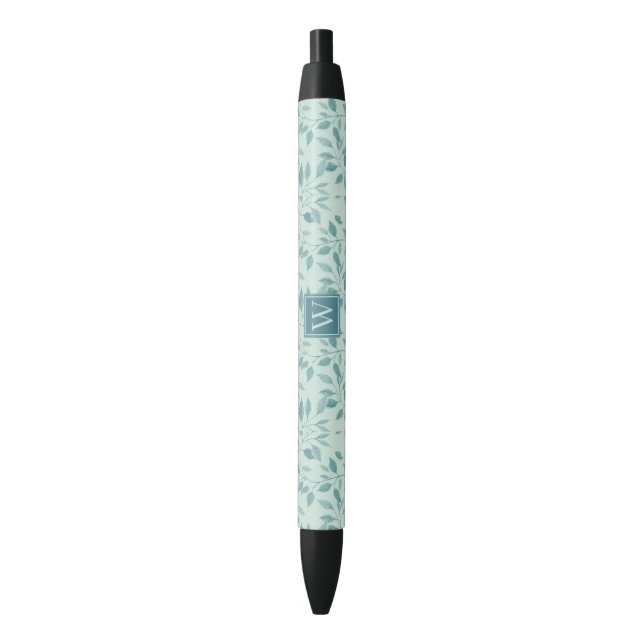 Trendy Botanical Greenery Print With Chic Monogram Black Ink Pen (Front Vertical)