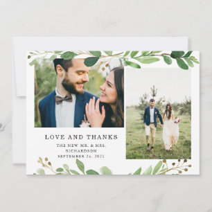 Trendy Botanical Leaves   Two Photo Wedding Thank You Card
