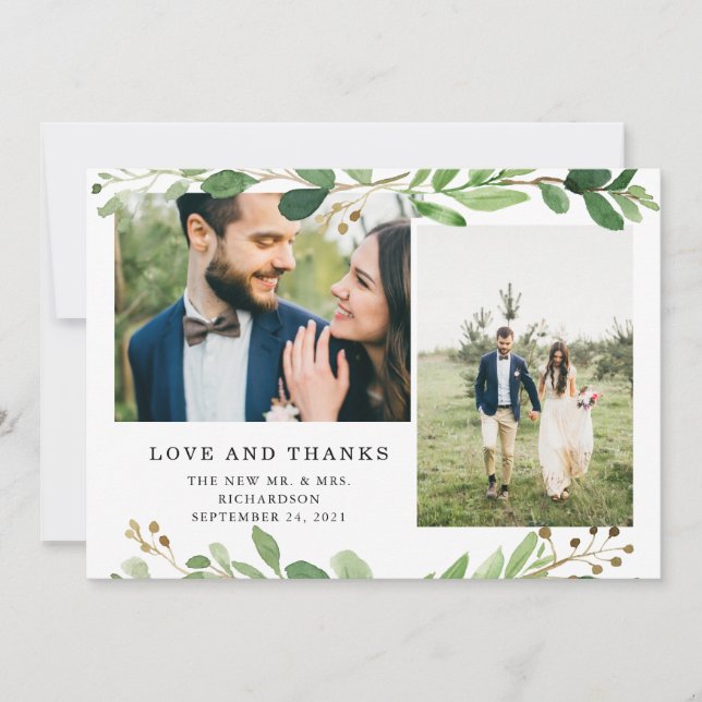Trendy Botanical Leaves | Two Photo Wedding Thank You Card (Front)