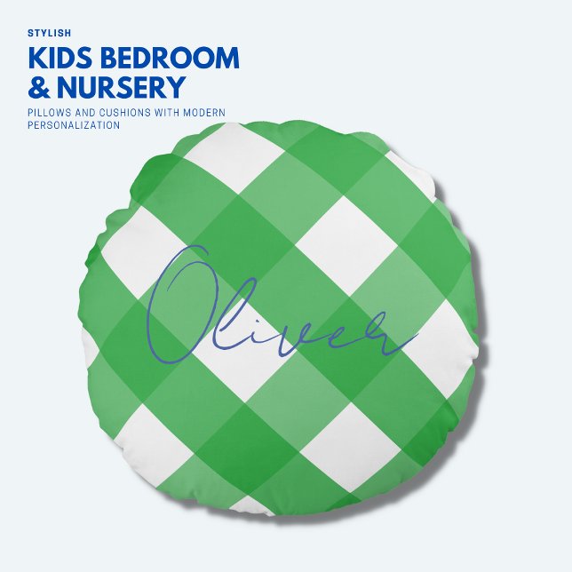 Trendy Boys Blue and Green Gingham Monogram Pillow (Creator Uploaded)