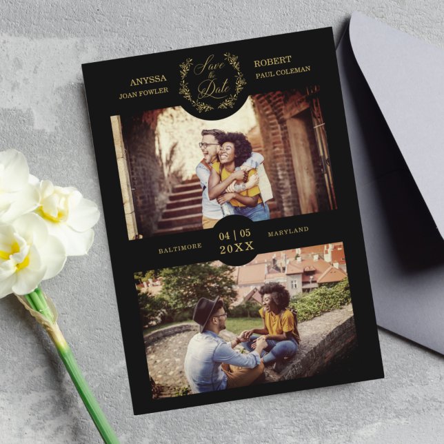 Trendy Branches Black Personalized 2 Photo Couple Save The Date (Creator Uploaded)