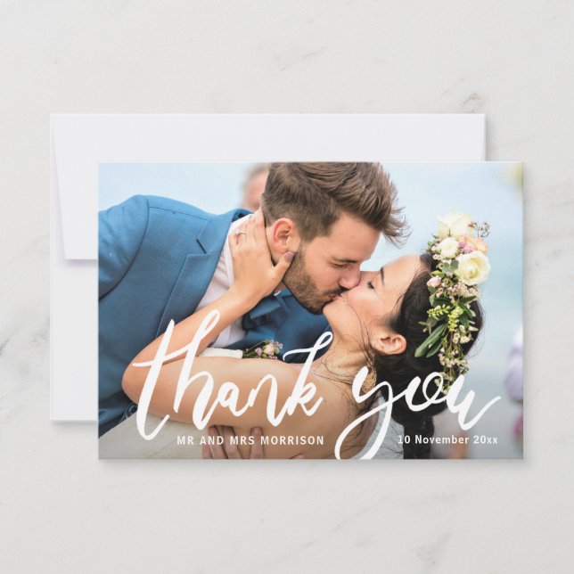 Trendy bride & groom wedding thank you photo card (Front)