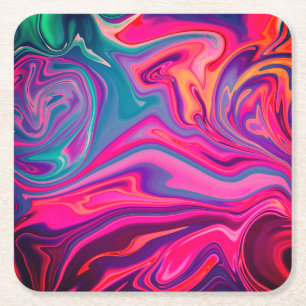 Trendy Bright Blue Pink Green Abstract Pattern Square Paper Coaster