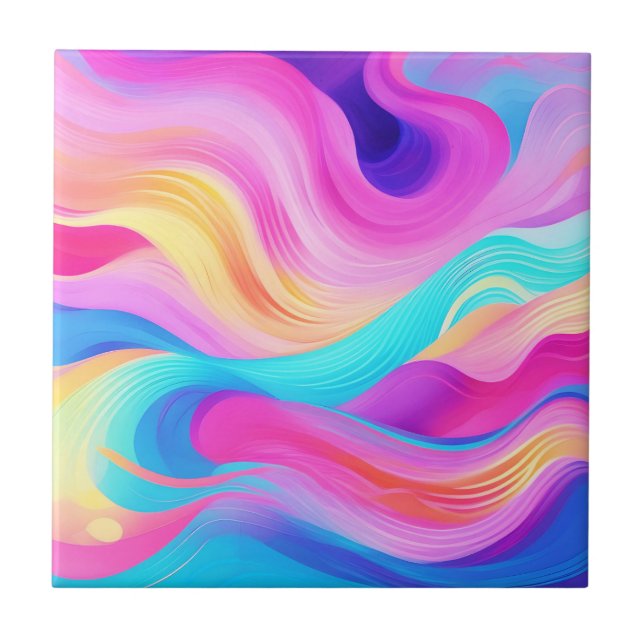 Trendy Bright Blue Pink Yellow Abstract Pattern  Tile (Front)