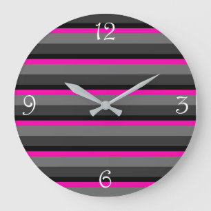 trendy bright neon pink black and grey striped large clock