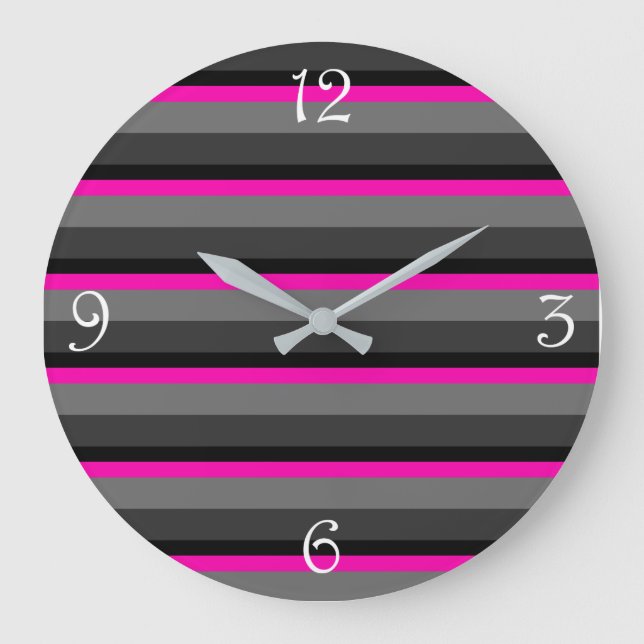 trendy bright neon pink black and grey striped large clock (Front)