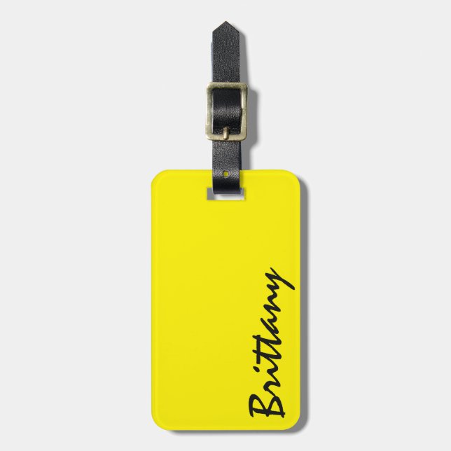 Trendy Bright Neon Yellow & Black Monogram Luggage Tag (Front Vertical)