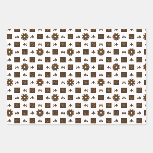Trendy Brown and White Checkered Pattern Wrapping Paper Sheet (Front)