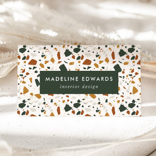 Trendy Brown Gold & Green Terrazzo Business Card