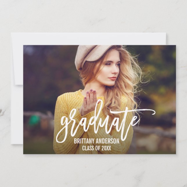 Trendy Brush Script Graduation Announcement Card (Front)