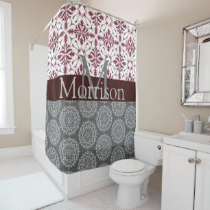 Trendy Burgundy and Grey Damask Monogram