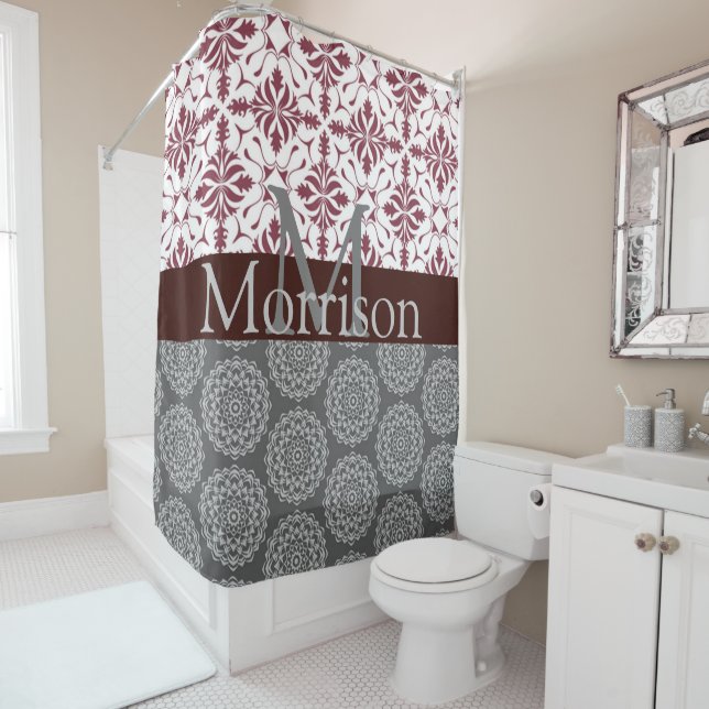 Trendy Burgundy and Grey Damask Monogram (In Situ)