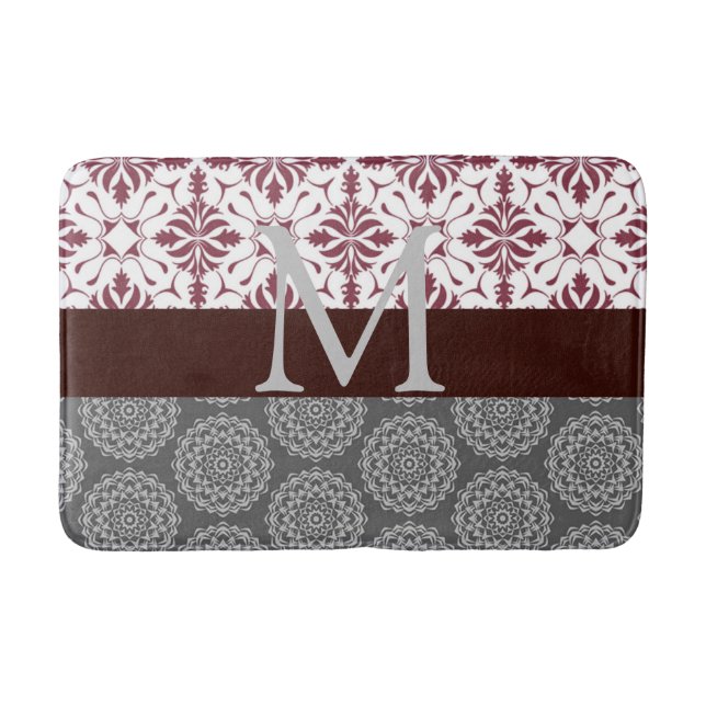 Trendy Burgundy and Grey Damask Monogram Bath Mat (Front)