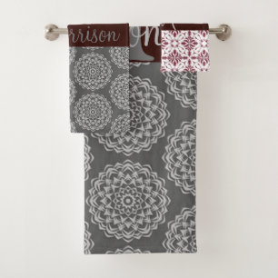 Trendy Burgundy and Grey Damask Monogram Bath Towel Set