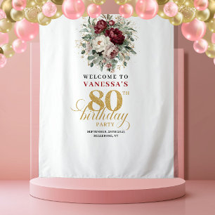 Trendy Burgundy Floral 80th Birthday Backdrop Tapestry