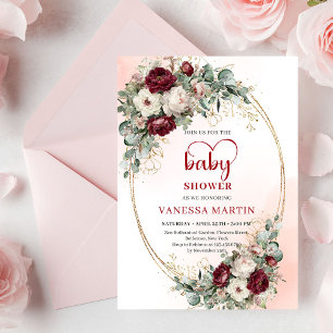 Trendy Burgundy Flowers Eucalyptus Baby Shower Invitation