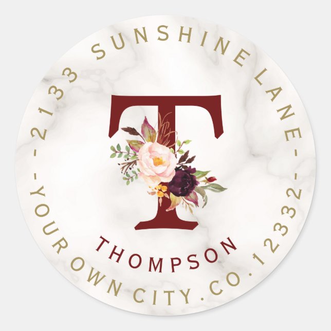 Trendy Burgundy Red Floral Circular Address Label (Front)