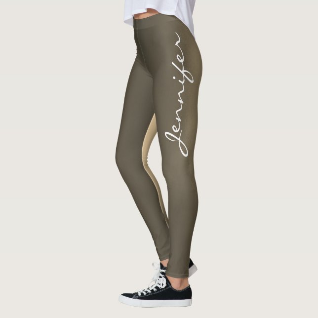 Trendy Burnished Brown Gradient Modern Script Name Leggings (Left)