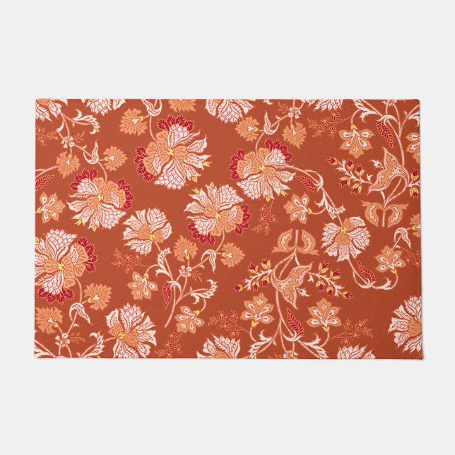 Trendy burnt orange terracotta floral pattern doormat (Front)