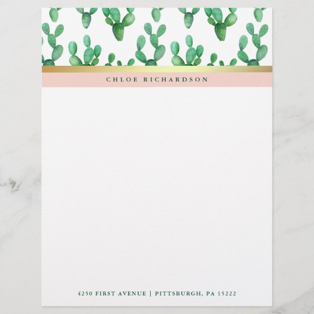 Trendy Cactus | Blush and Faux Gold Desert Pattern Letterhead (Front)
